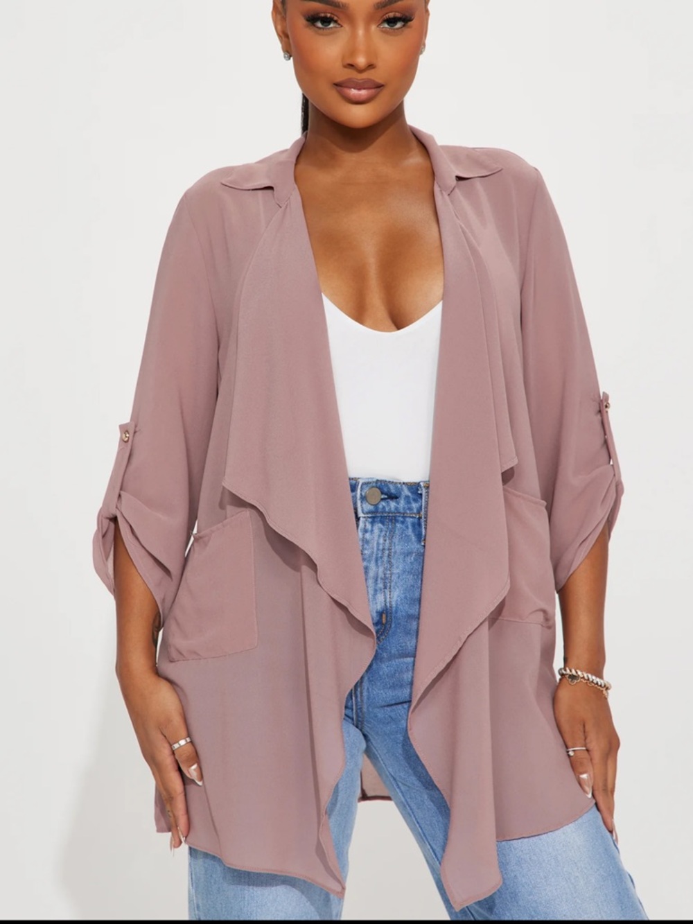🆕 Draped Open-Front Duster in Mauve Pink